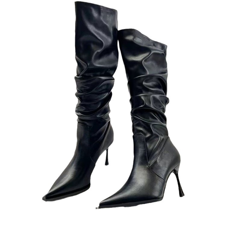Sier Flat Bottomed Fashionable Pleated Long Grain Over Knee Boots Pointed New Low Heels Women Shoes