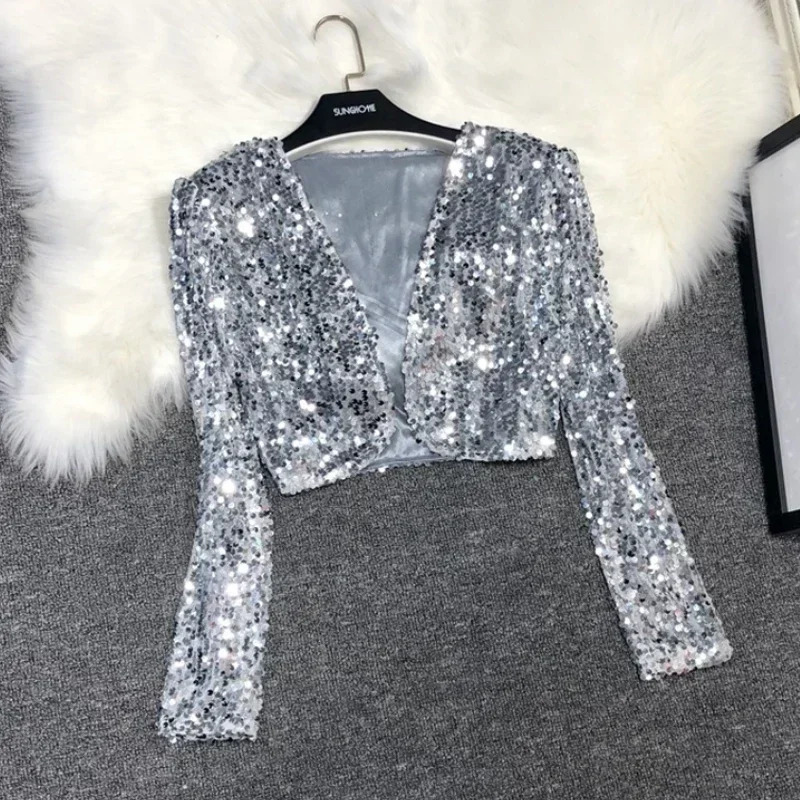 Street Fashion Joker Short Edition Sequins Small Suit Sparkling Bead Piece Suit Small Jacket Tank Top Jazz Dance Performance 250210