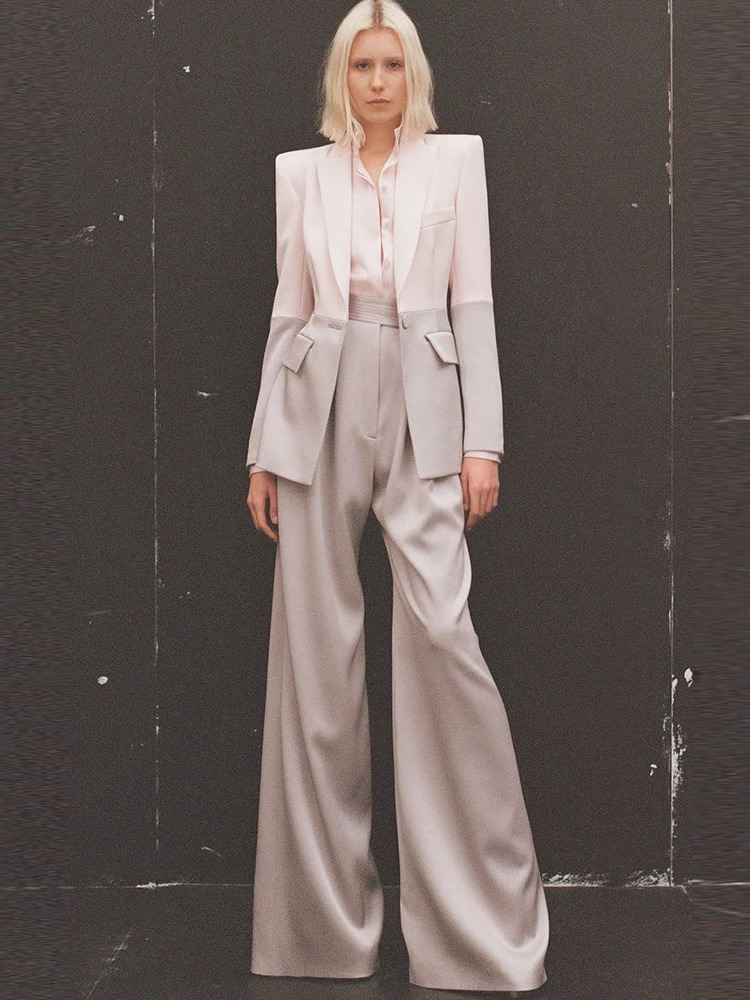 HIGH STREET est S/S Runway Suit Set Womens Career Fashion Single Button Color Block Blazer Wide Pants Suit 250210