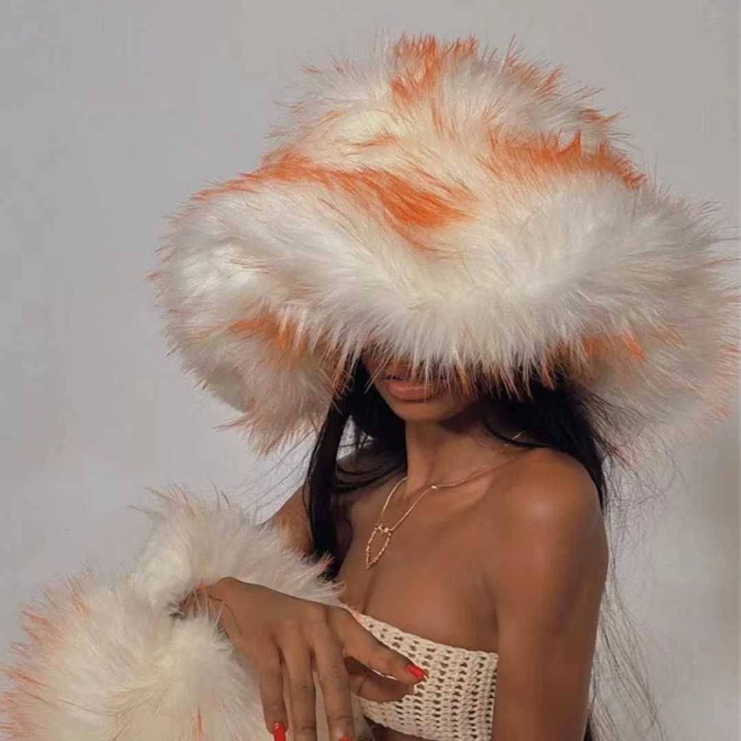 Luxury Fluffy Women Faux Fur Bucket Hats Oversized 17cm Wide Brim Thicken Outdoor Warm Plush Punk Hat Girl Y2k Female Ski Panama W250217
