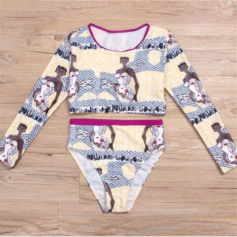 Womens Sexy High Waist Rash Guard Swimwear Long Sleeve Two Pieces Swimsuit
