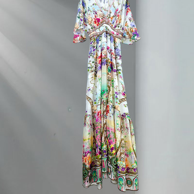 Women's Floral Print Silk Maxi Dress Flared Long Sleeve Waist Up Deep V-Neck Big Hem Handcrafted Crystal Rhinestones Elegant Spring Beach Luxury 