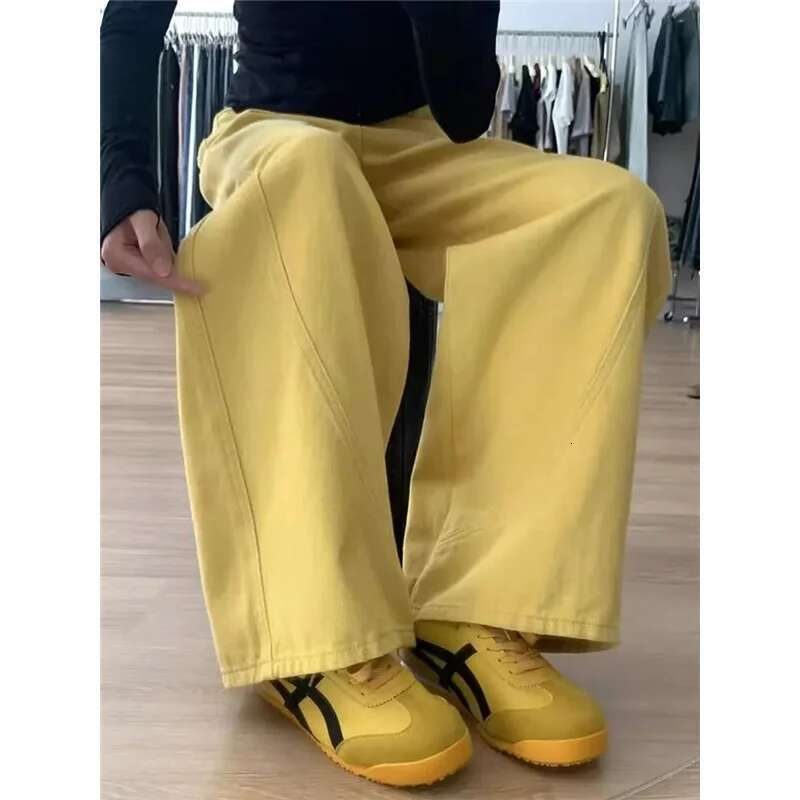 Yellow Womens Jeans High Waist Vintage Classic Pockets Straight Baggy Pants Street American Style Wide Leg Denim Trouser