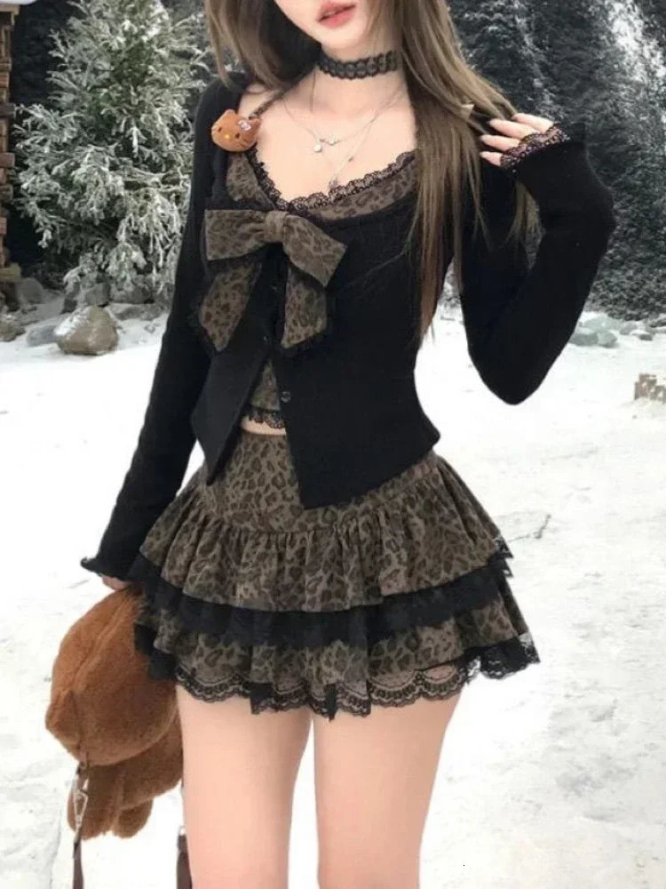 Autumn Winter Sexy Leopard Print Skirt Suit Women Two Piece Tops Lace Cake Set Japanese Y2k Bow Sets 2000s Clothing 250214