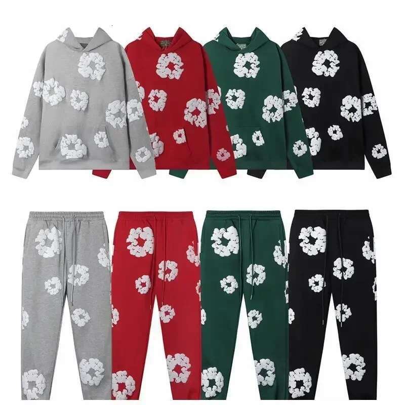 Fashion Quality New Men's Women's Same Kapok Foam Printing Hooded Long-sleeved Sweater Loose Fleece Sweatpants Set