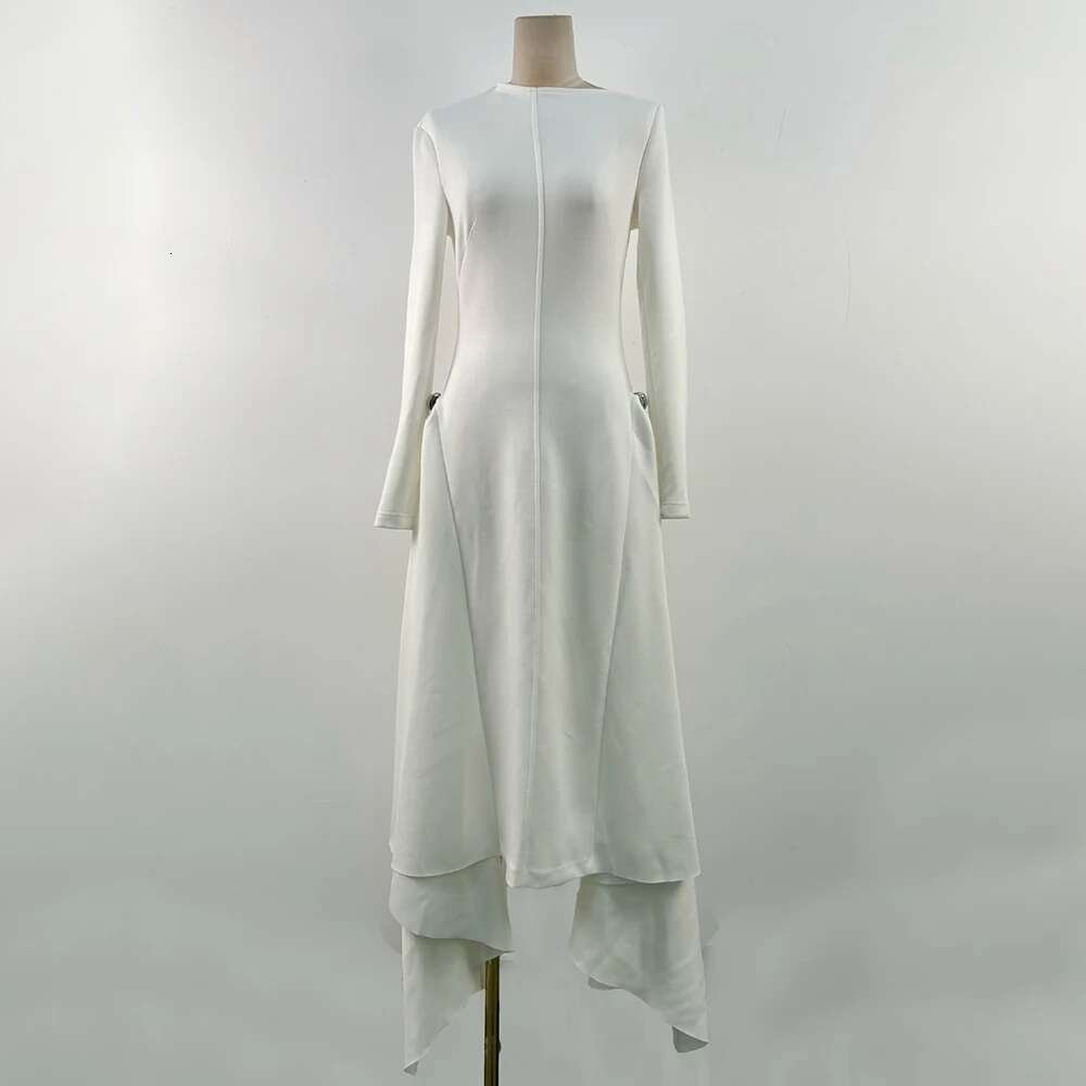 Elegant Solid Tunic Dresses For Women Diagonal Collar Long Sleeve High Waist Spliced Metal Irregular Dress Female Fashion