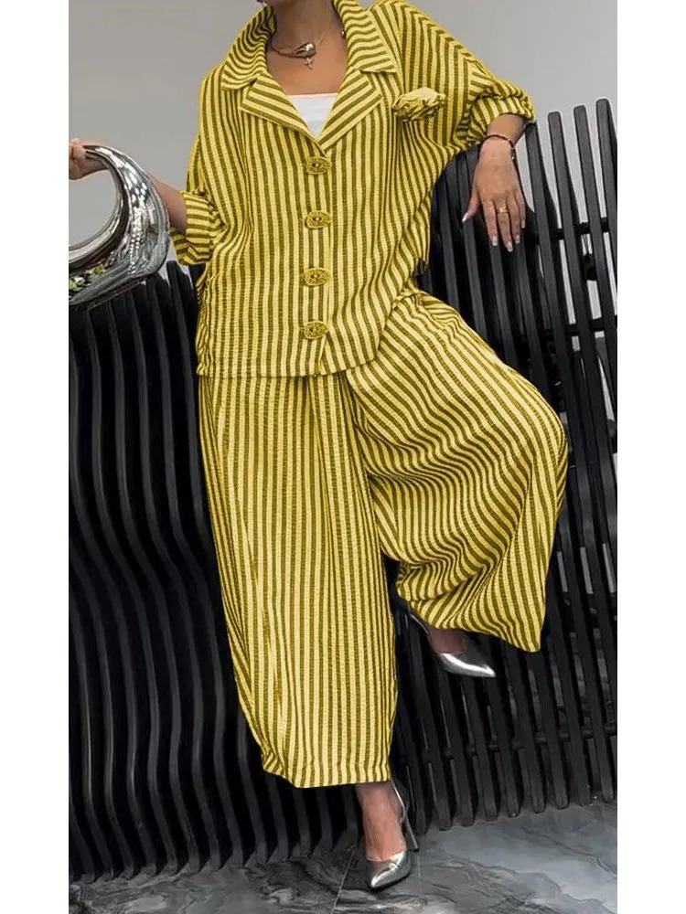 Women Fashion Lapel Wide Leg Pants Loose Sets Spring Autumn Stripe Print 2PCS Casual Suits Office Simple Outfites 250210