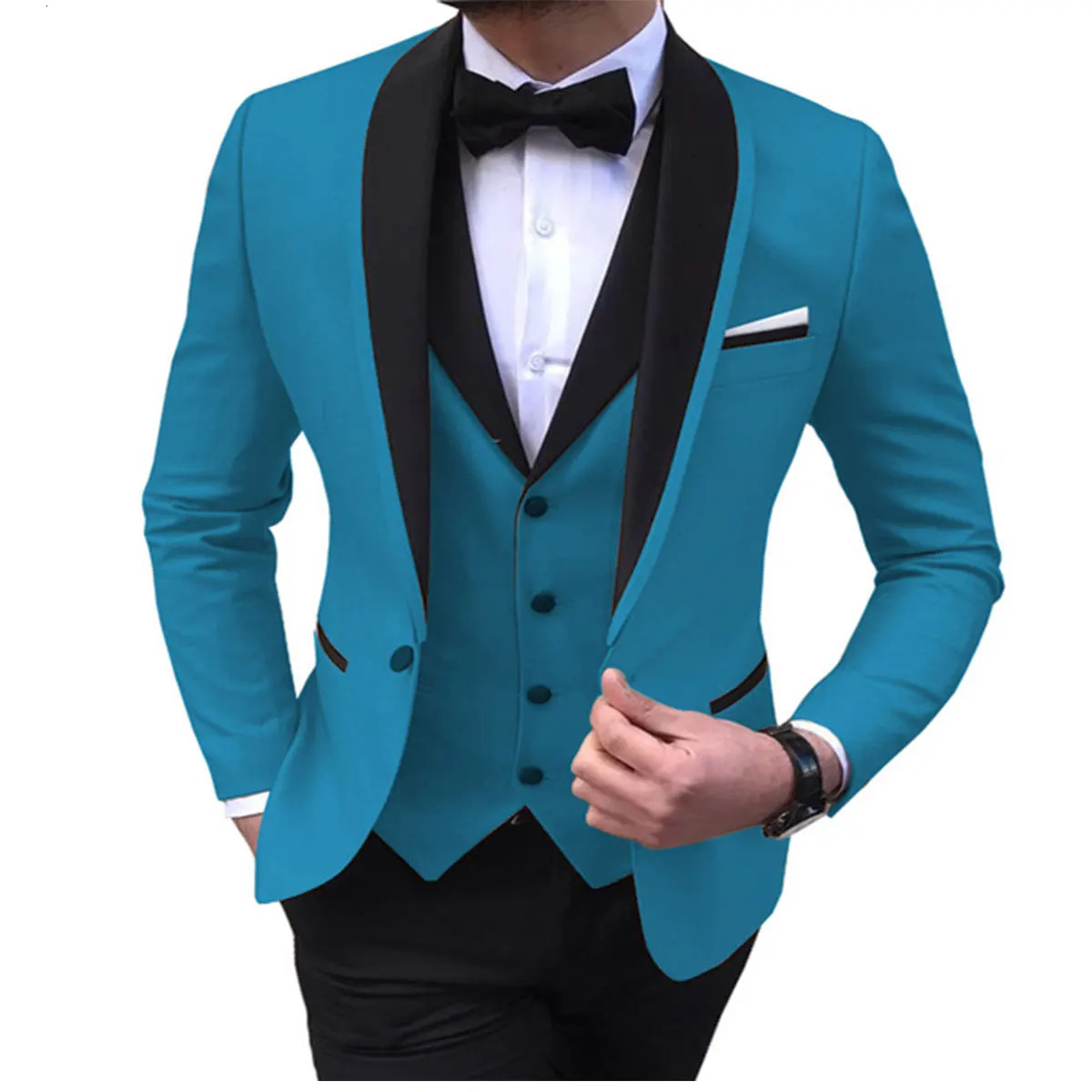 Blue Slit Mens Set 3-Piece Black Shawl Collar Casual Tailcoat for Wedding Groom Set Men JacketVestPants 250214