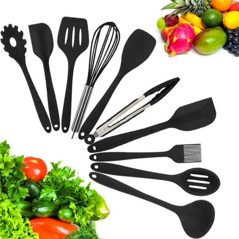 10 Pcs/Set Silicone Kitchen Utensils Set Non-Stick Silicone Tong Spoon Spatula Pasta Server Whisk Ladle Strainer Cooking Tools 250214