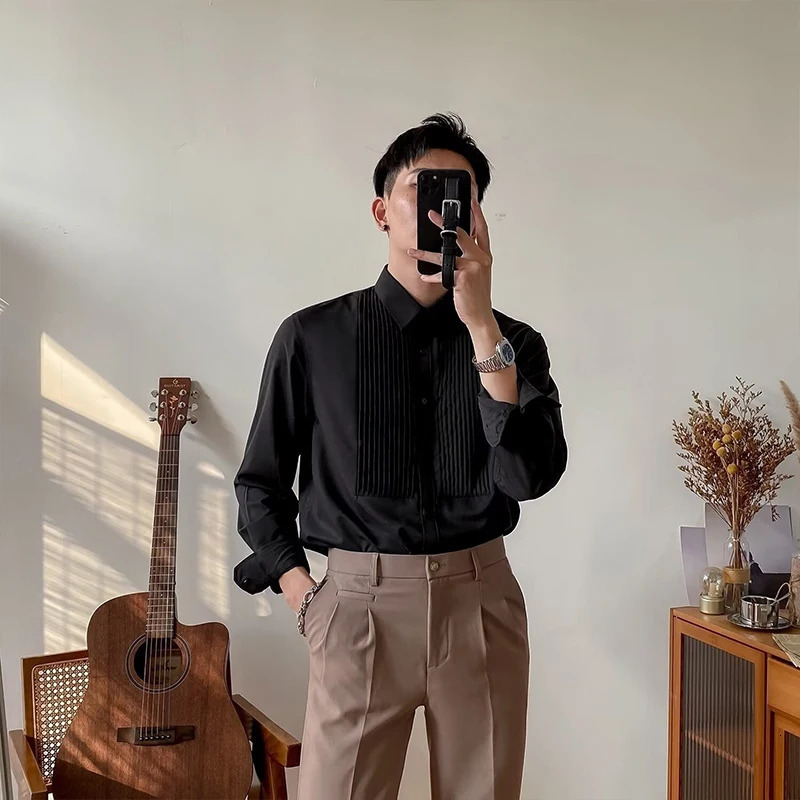 Autumn mens light long sleeved dress solid color ultra-thin retro casual patch work Korean clothing 250214