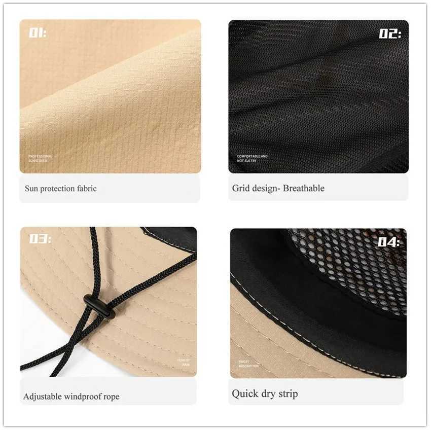 UPF 50+Summer Hat Mens Sun Protection Sunscreen UV Protection Breathable Bucket Hat Large Wide Brown Hiking Outdoor Fishing Beach Hat New Cowboy W2502