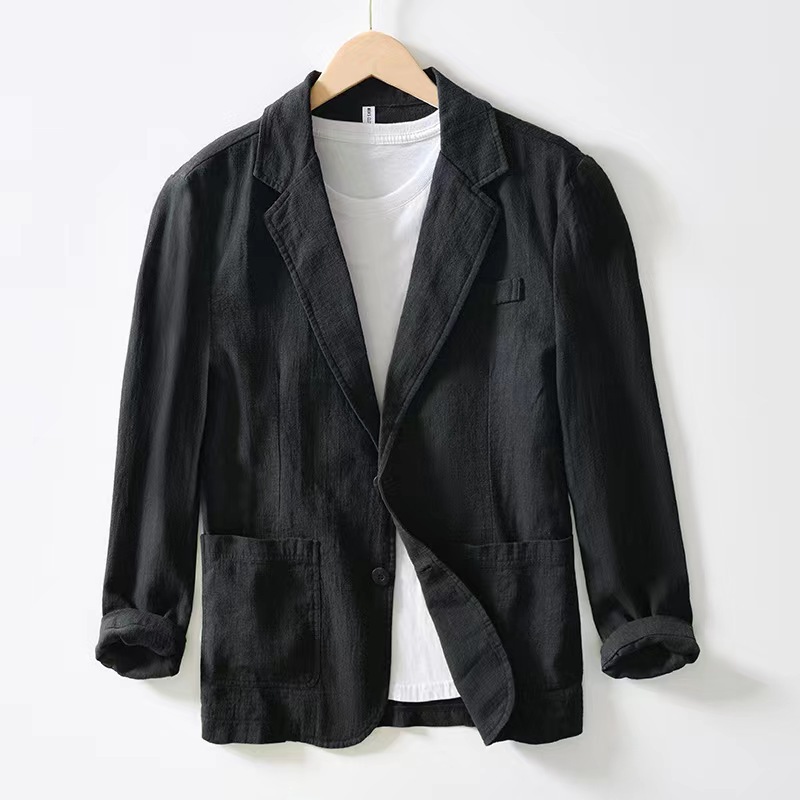 Elegant Men's Loose Style Suit Coat - Durable Cotton and Linen Fabric with Plain Shade
