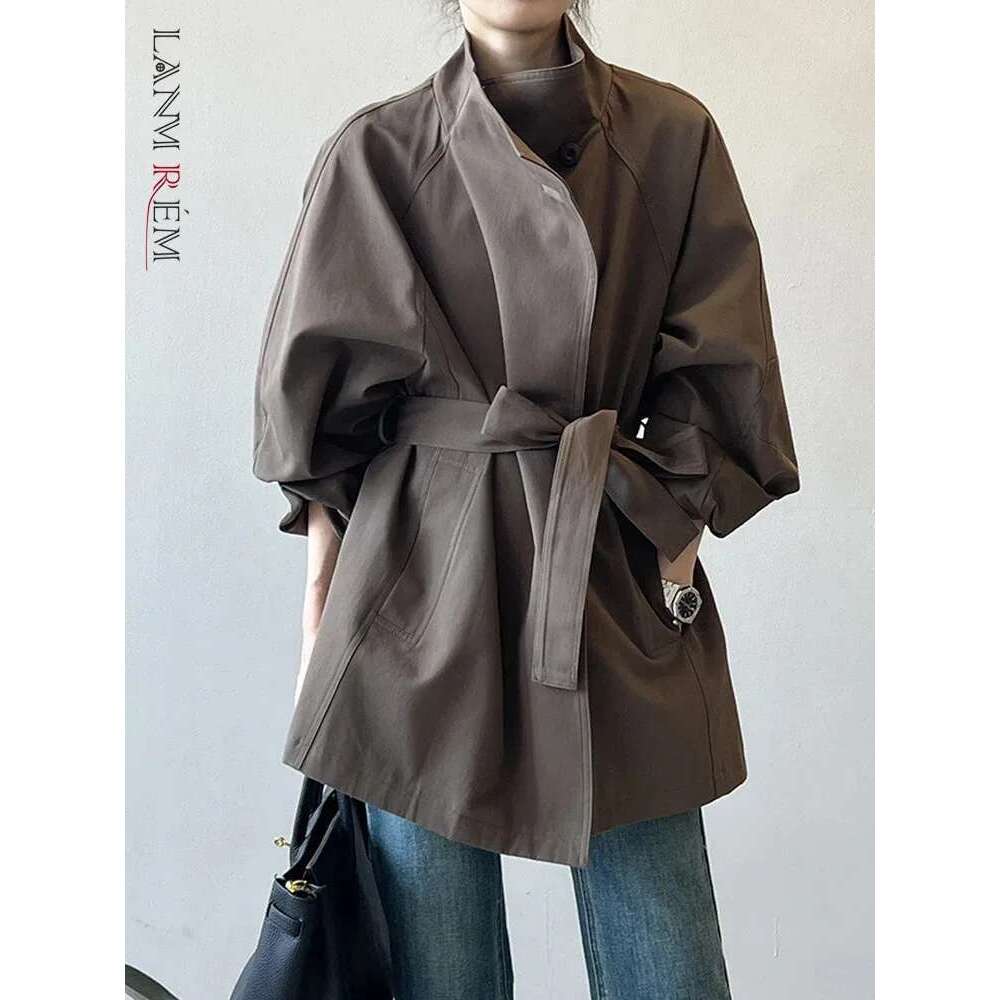 Office Lady Belt Gathered Waist Trench For Women Stand Neck Single Breasted Windbreaker 2025 Autumn New