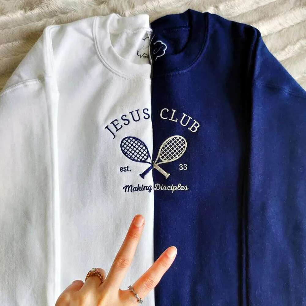 Jesus Club Tennis Embroidered Crewneck Sweatshirts Women Autumn Long Sleeve Thick Pullover Vintage Style Casual Loose Jumpers