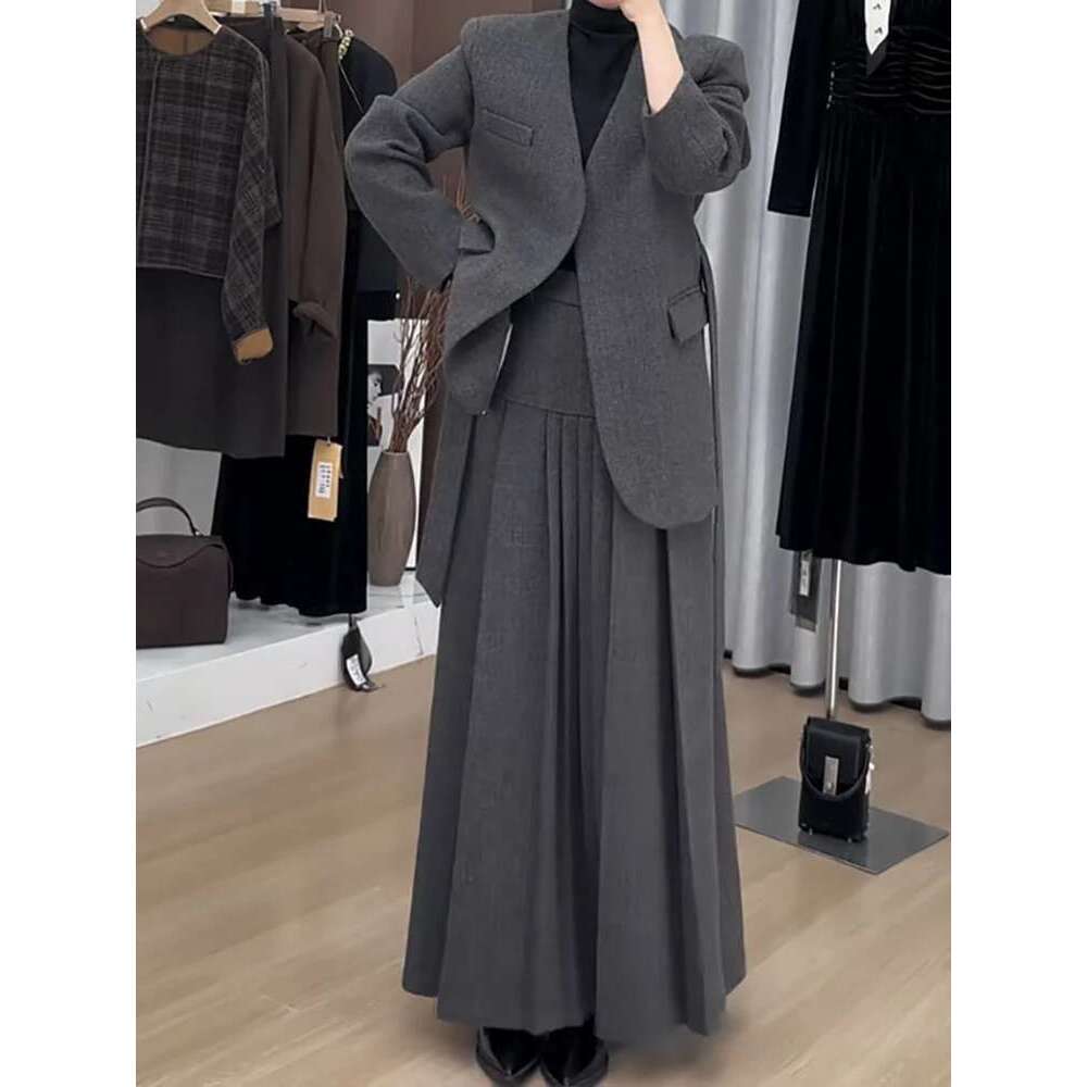 Office Lady Woolen Two-Piece Set Women's V-Neck Single Button Blazer With Casual Pleated Skirts 2025 Autumn New