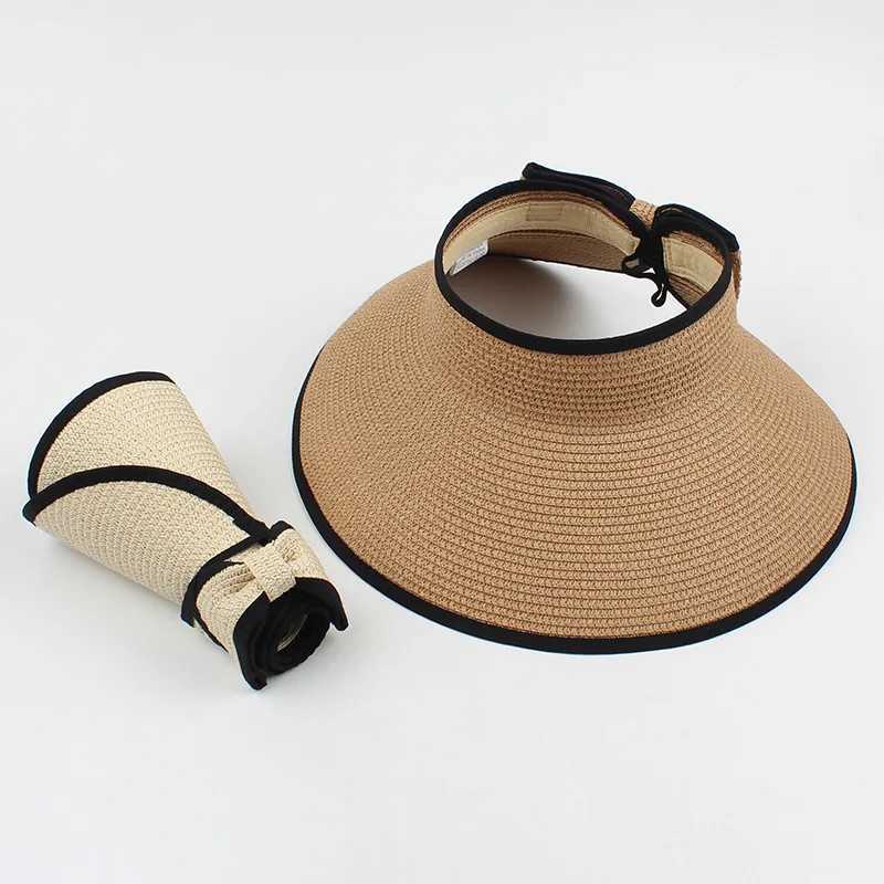 Multicolor Women Roll Up Sun Hats Outdoor Foldable Wide Brim Uv Protection Beach Straw Hat Girl Breathable Empty Top Caps Bonnet W250217