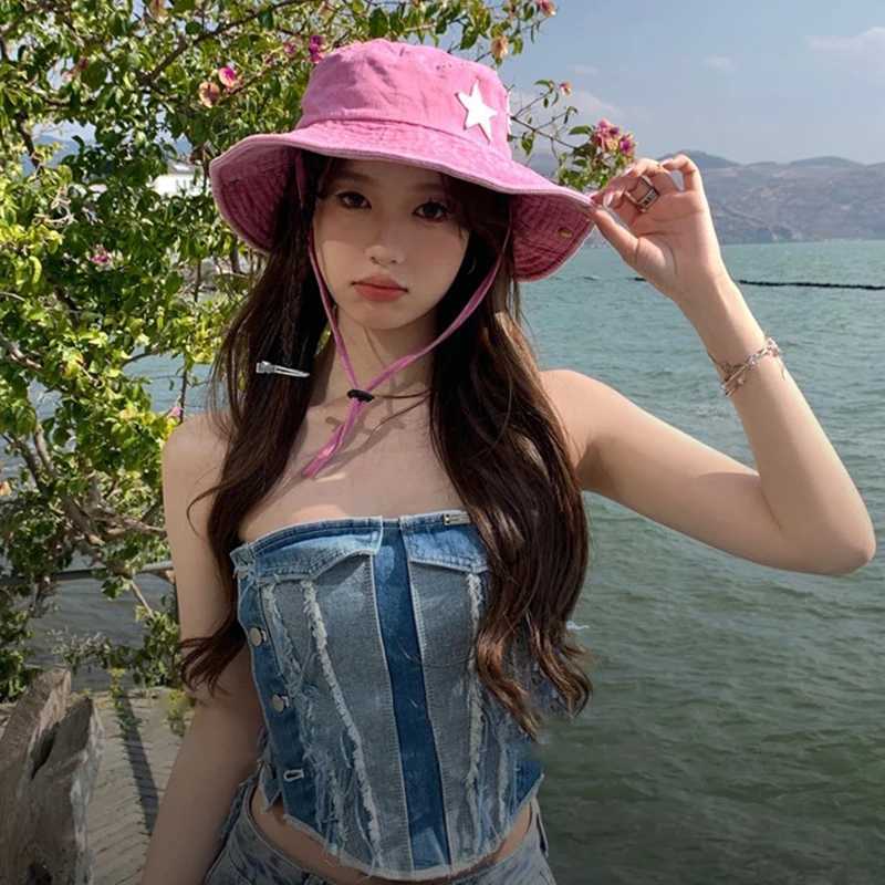 Punk Star Cowboy Hat For Women Fashion Wide Brim Sun Visors Retro Hip Hop Fisherman Cap Solid Cotton ACU Hat Y2K Girl Panama Cap W250217