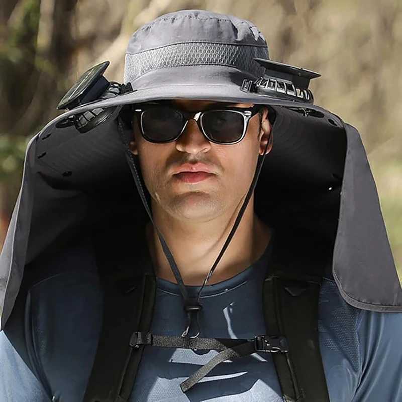 Outdoor Wide Brim Sun Hat Fishing Hat with 2 Solar Fan Sun Bucket Hat for Men Women UPF 50+ Waterproof Breathable Bucket Hat W250217