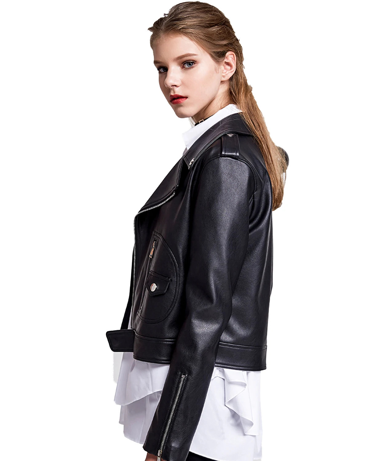 Womens Classic Faux Leather Moto Jacket Casual Pleather Jackets Short Coat 250211