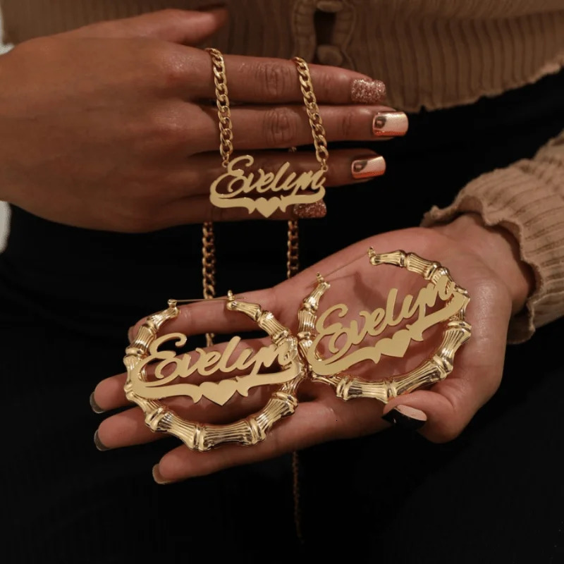 A unique 3-in-1 personalized name bamboo earring and necklace set customized with Halloween decoration inspiration 250214