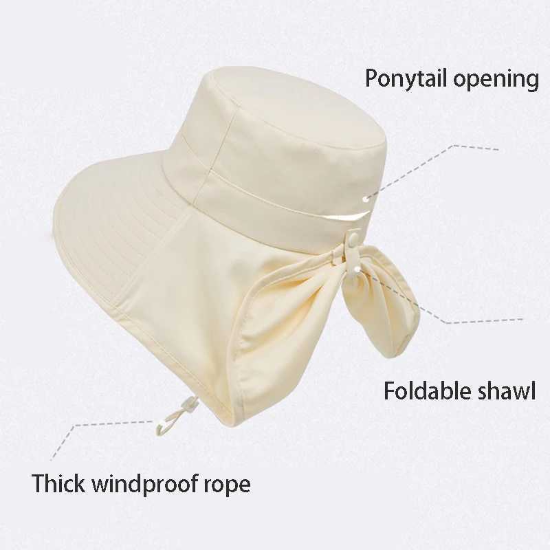 Large Brim Shawl Bucket Hat for Women Korean Versatile Foldable Fisherman Cap Outdoor Sunscreen Visors Vacation Beach Summer Hat W250217