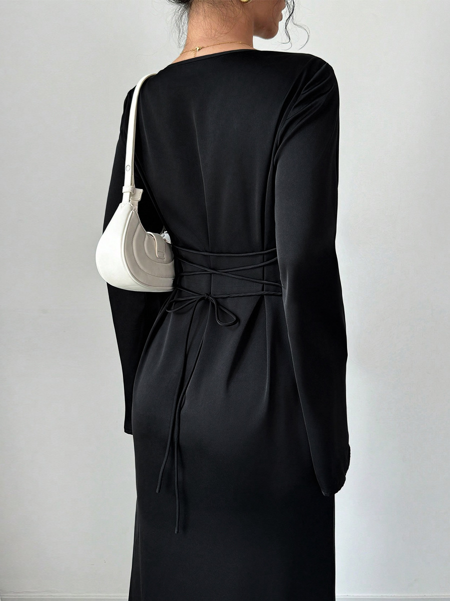 W17295 Body shape women's clothing long sleeve loose tie waist black long skirt high-end temperament dress female