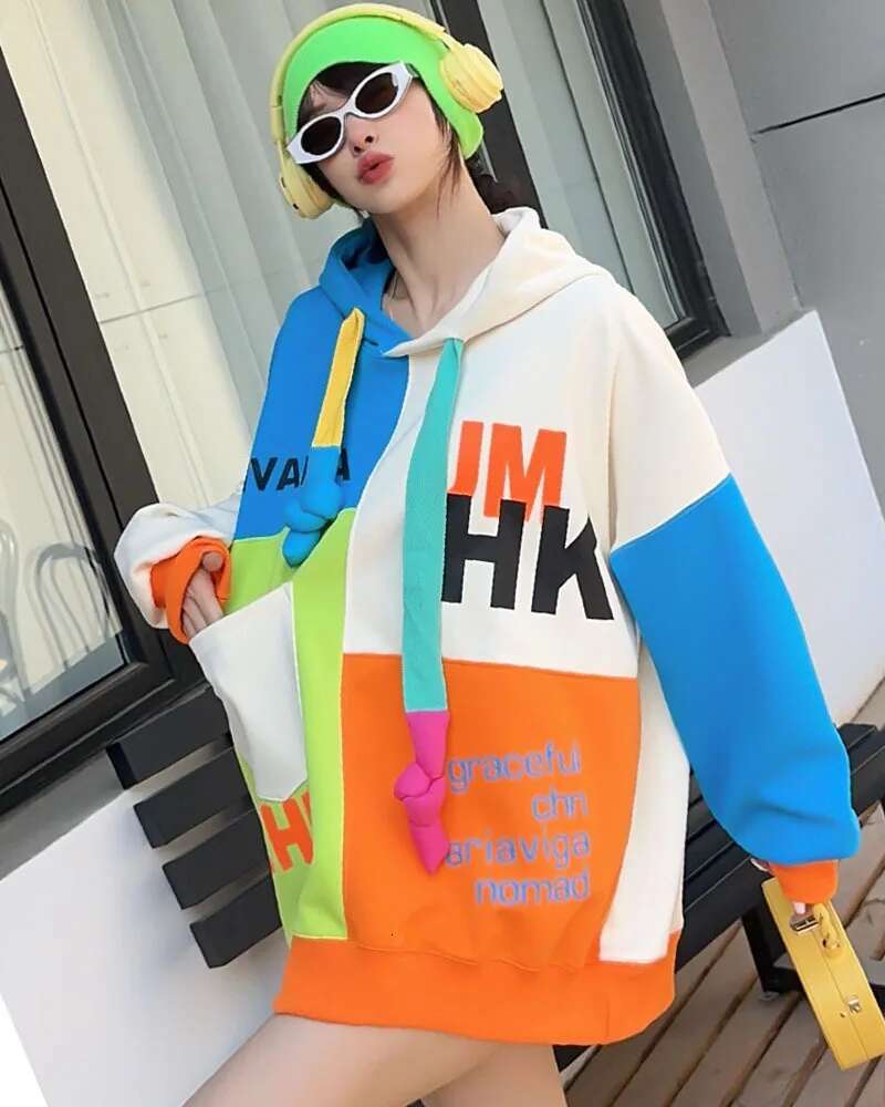 Letter Print Patchwork Oversized Hooded Sweatshirt For Women Y2k Clothes Japanese Korean Style Casual Loose Pullover Top Bust132