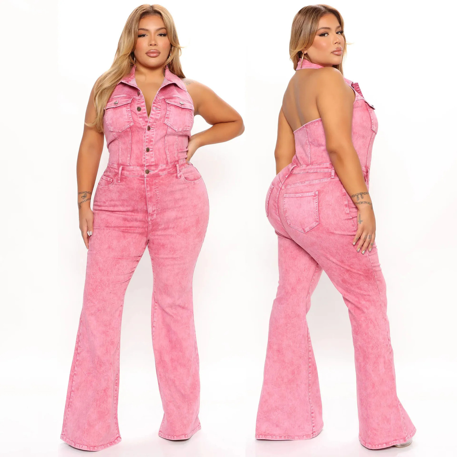 Pink Jeans Cargo Jumpsuit Sexy Women Halter Elegant Denim Stretch Casual Overalls Romper 250122