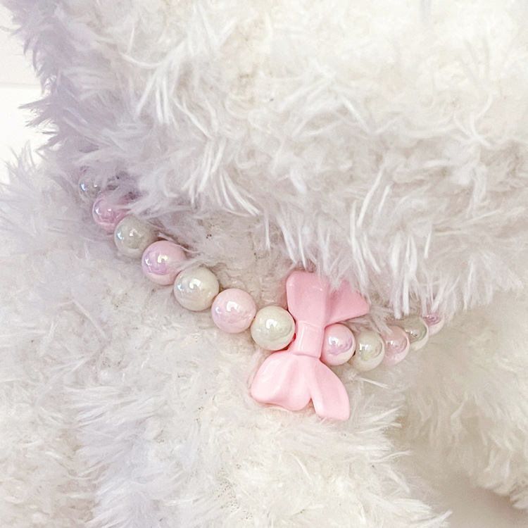 Cute Dog Collar with Pink White Bead Pink Bow Decoration, Pet Neck Decoration Necklace, Adjustable Jewelry Buckle Pet Collar for Small Medium Dog, Chi