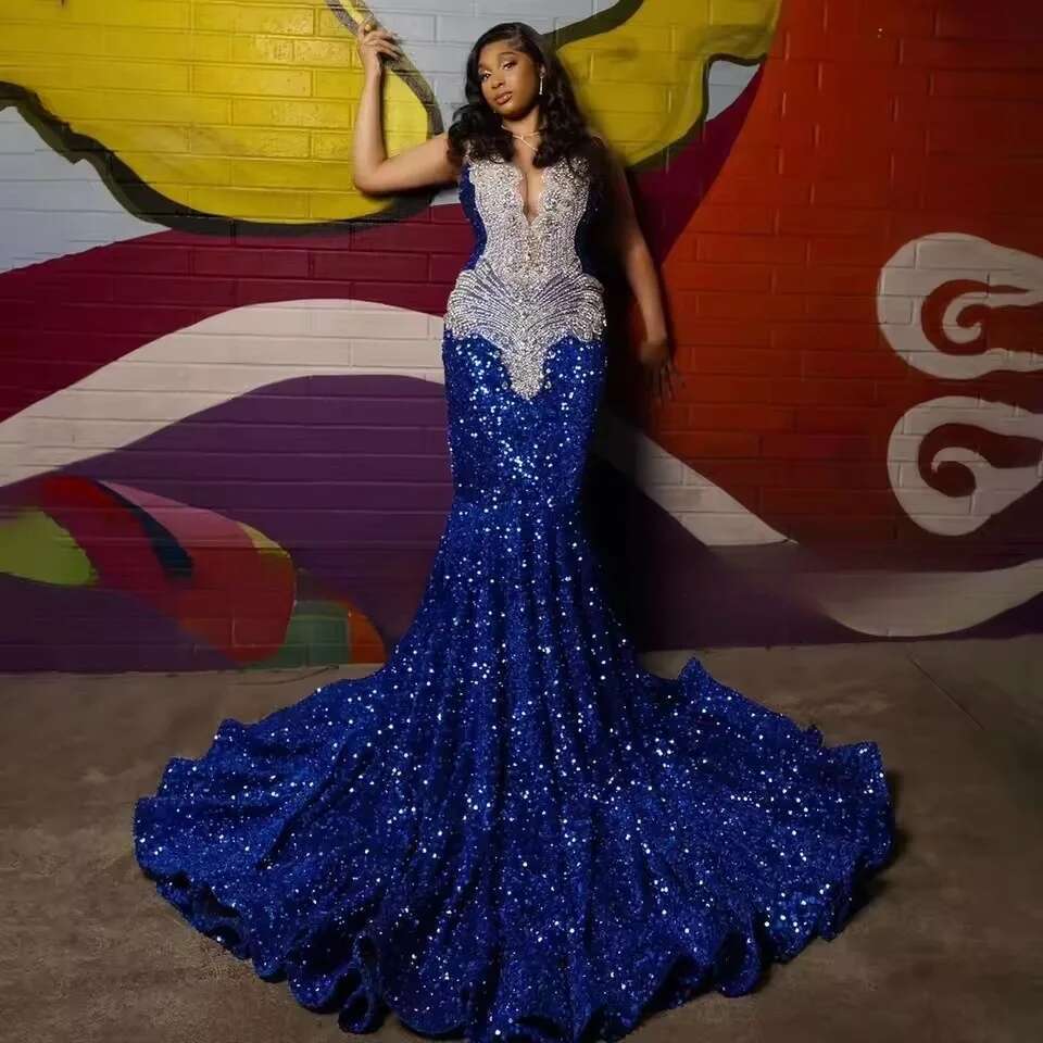 Royal Customized Blue Sequins Mermaid Long Prom Dresses For Black Girls Rhie Sleeveless Evening Formal Party Gowns mal