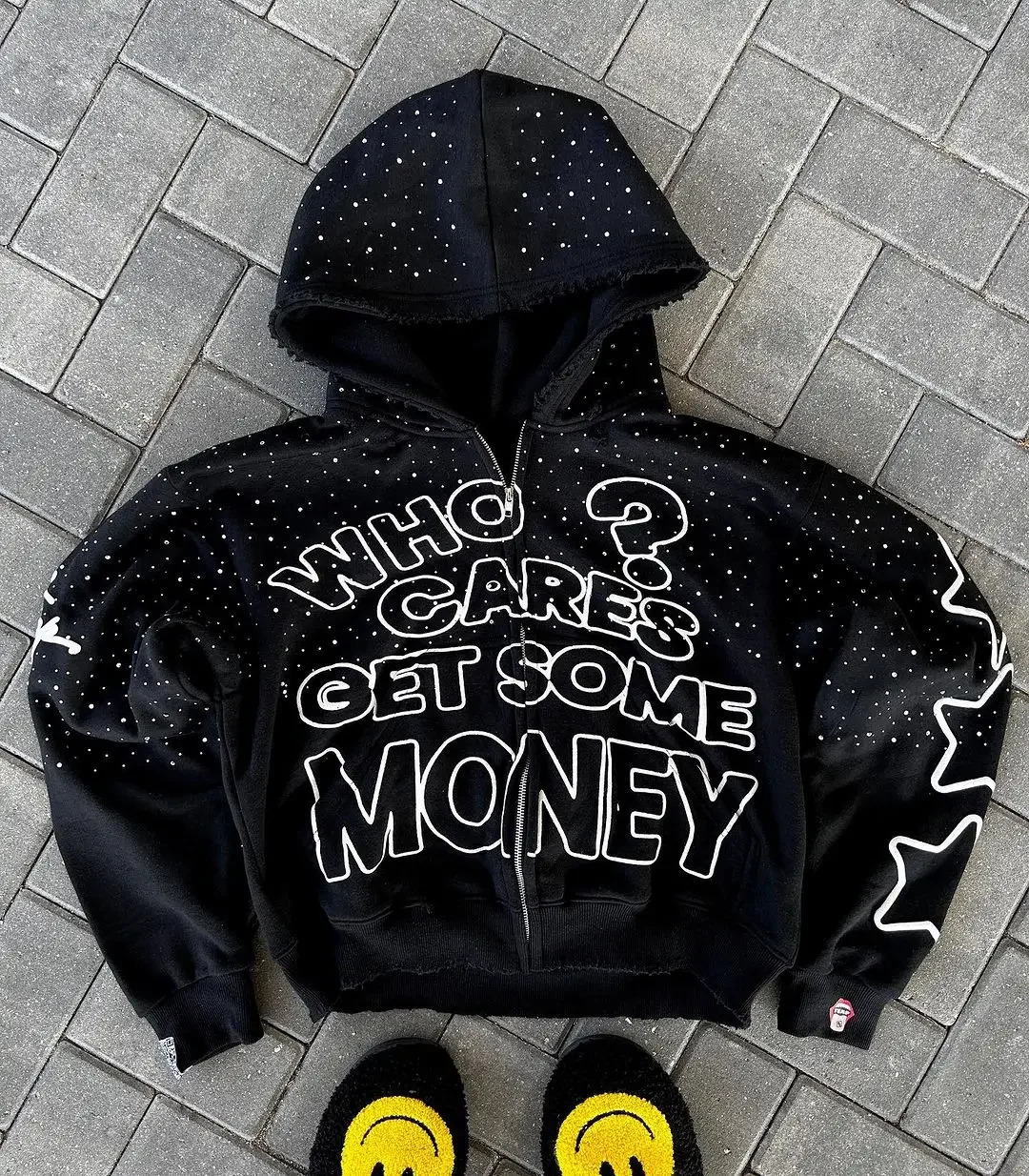 American Trend Who Cares Get Some Money Printed Zipper Sweater Mens and Womens Y2K Harajuku Hip Hop Goth Casual Coat 250214