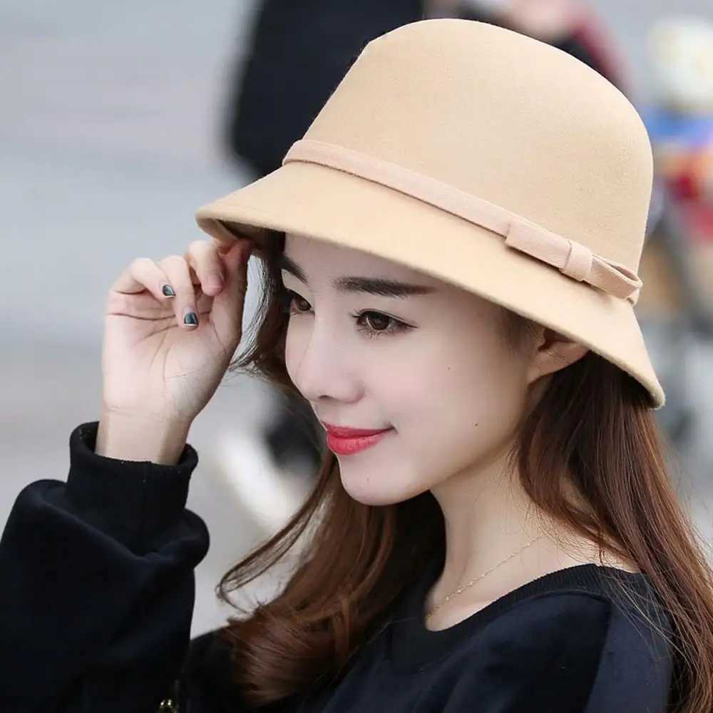Womens Elegant Wool Felt Fedoras Hat Autumn Winter Warm Solid Color Bow Bucket Dome Cap Ladies Fashion Retro Church Top Hats W250217