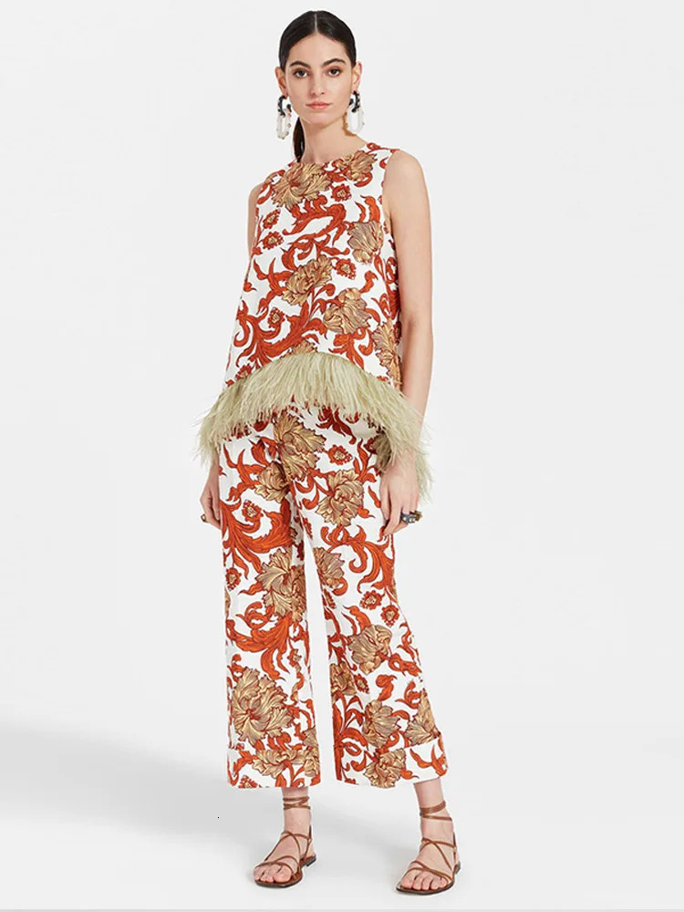 Sleeveless Printed Feather Vest Trouser Suits Women O-neck Patchwork Top High Waist Zipped Pants Summer Lady Sets 250210