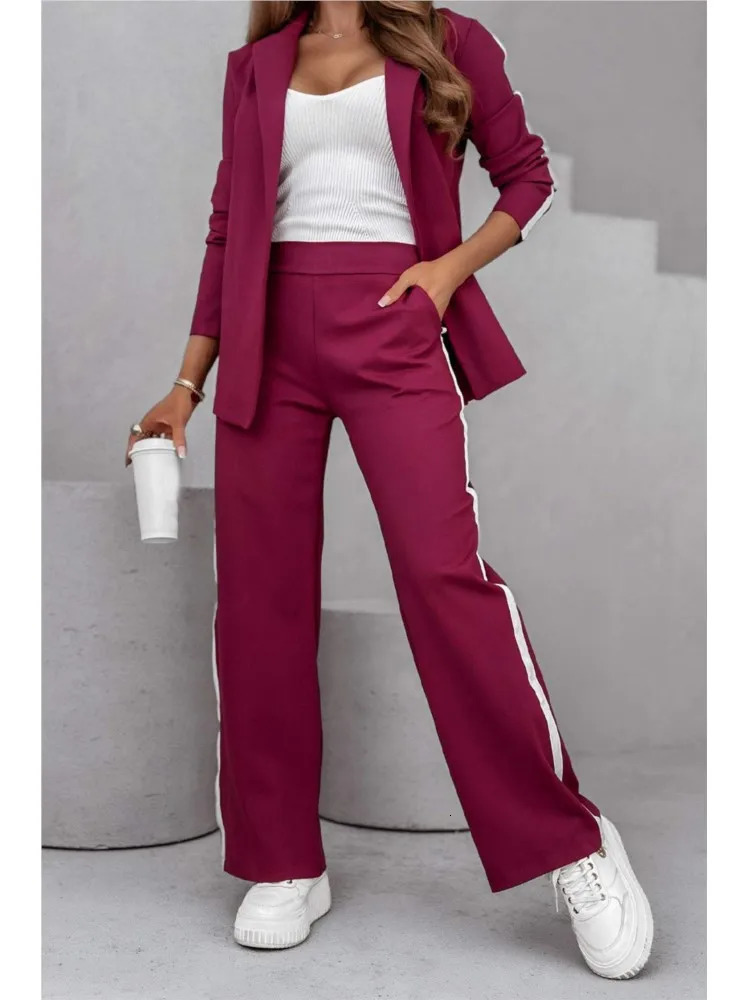 Autumn Winter Womens Casual Lapel Suit Fashion Splicing Stripes Wide Leg Pant 2025 Female Suit Elegant Office Two-piece Set 250210
