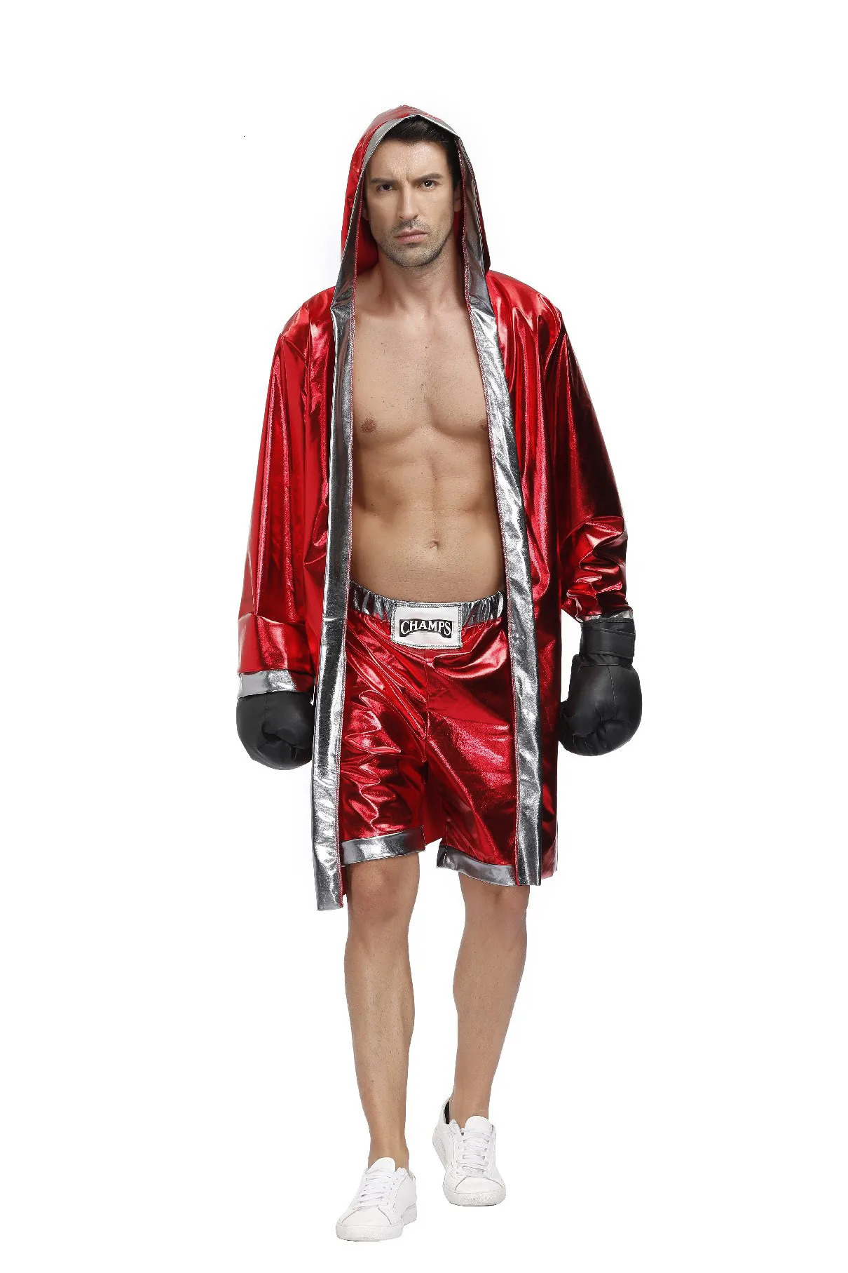 Mens Red Boxer Costume Hooded Cloak Robe Crop with Shorts Movie Boxing Robe Clothes Halloween Cosplay Uniform for Male 250217