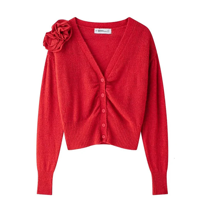 Willshela Women Fashion With Floral Red Pleated Single Breasted Knitted Sweater Vintage VNeck Long Sleeves Female Chic Outfits 250211