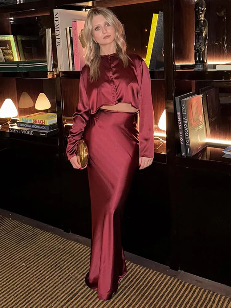 Sexy Loose Brown Satin Skirt 2 Piece Sets Women Outfit Fashion Long Sleeve Crop Top With High Waist Maxi Suit 250214