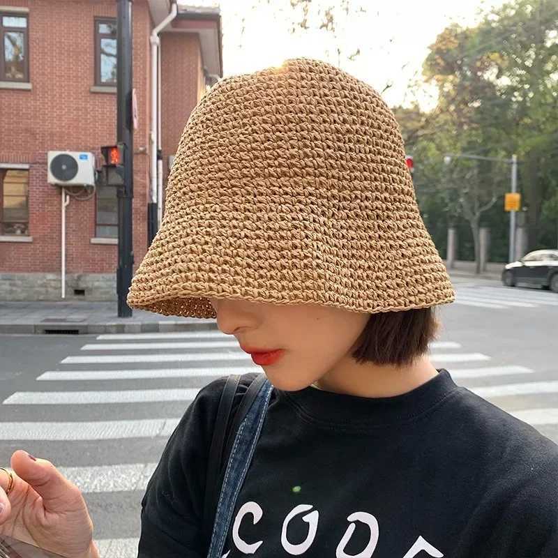 Beach Korean Straw Hat Summer Women Visor Bucket Hat Fisherman Hat Hand Weaving Panama Girl Fishing Chapeau Sun Hats for Women W250217