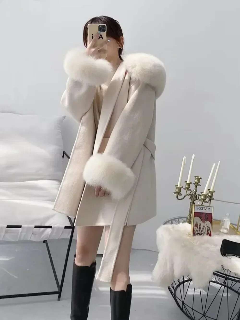 2024 New Woolen Coat Oversize Ladies Outerwear Winter Women Natural Fox Fur Collar Cuffs Jacket Hood Cashmere Wool