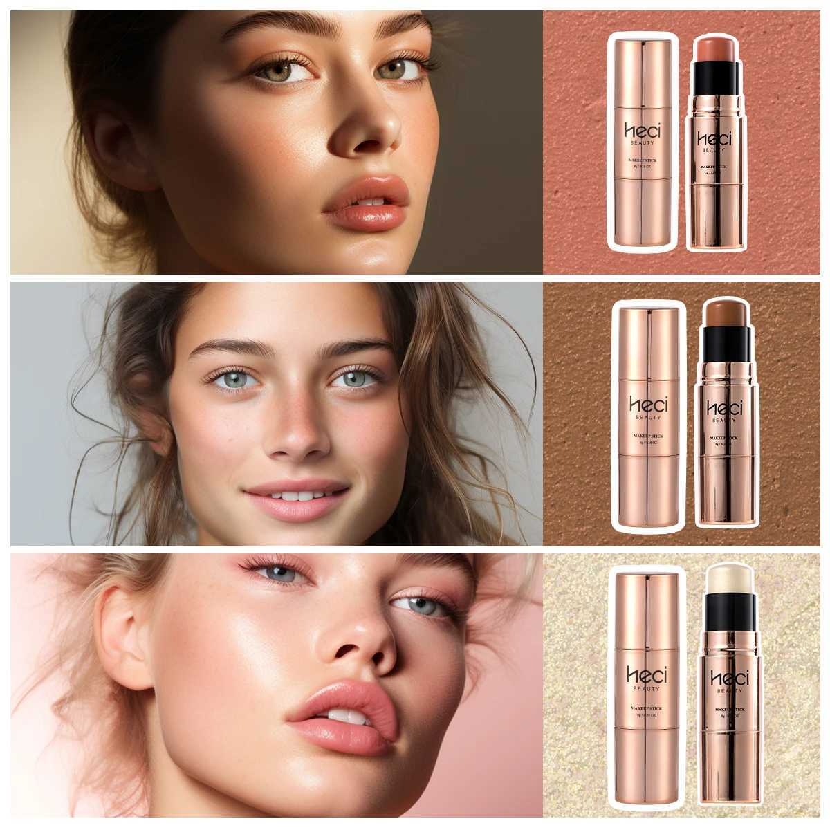 3-in-1 B Contour Highlighter Makeup Stick with Brush Waterproof Sweat-proof Matte Shimmer Non-Greasy Creamy MakeupW250217