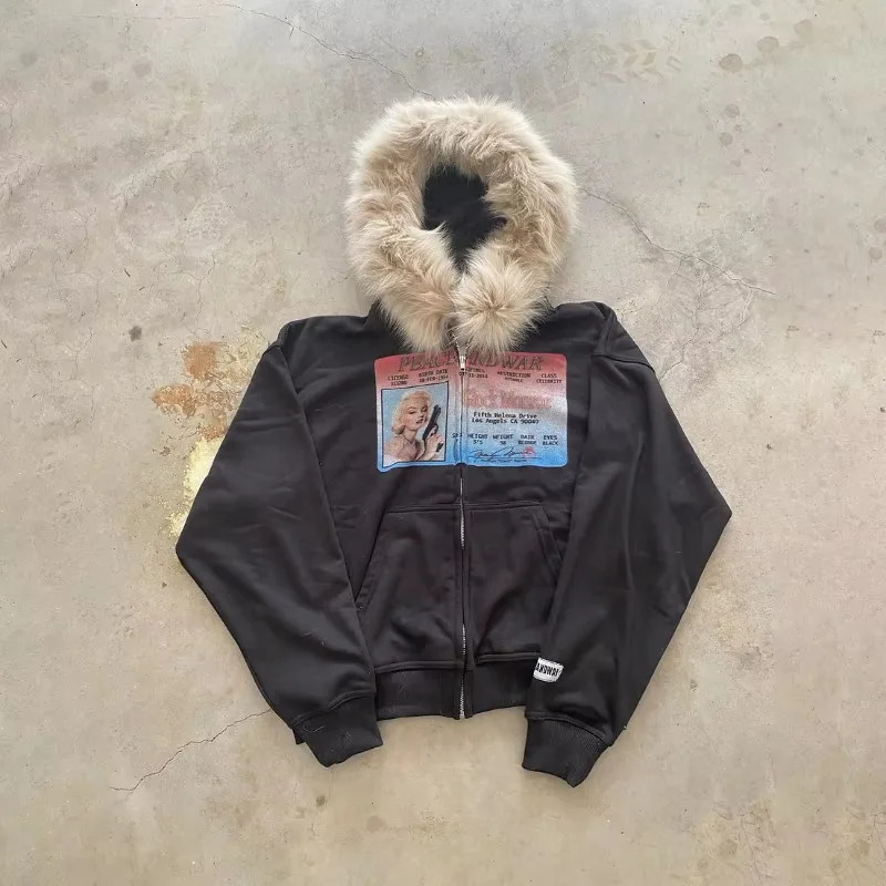 Street fashion winter personality print n zipper hoodie women Y2k Harajuku vintage fur collar warm loose jacket 250213