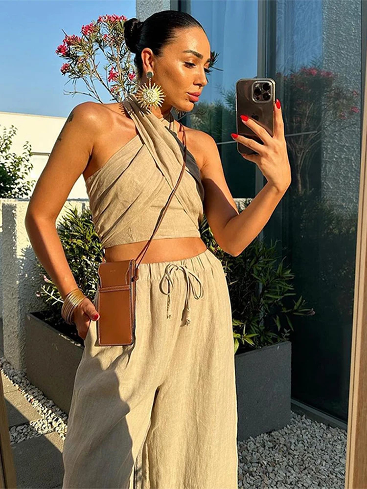 Flimsy Wide Leg Pants Sets Summer High Street Sexy Cotton Linen Trousers Suit for Women Fashion Halter Crop Top Ladies 250210