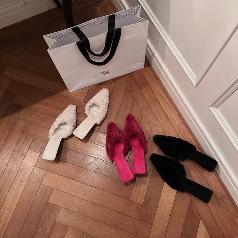 Women High Heels Shoes Suede Slippers Trend Spring Fashion Party Sexy Pumps Casual Ladies Stilettos Sandals Fur Mujer 250122