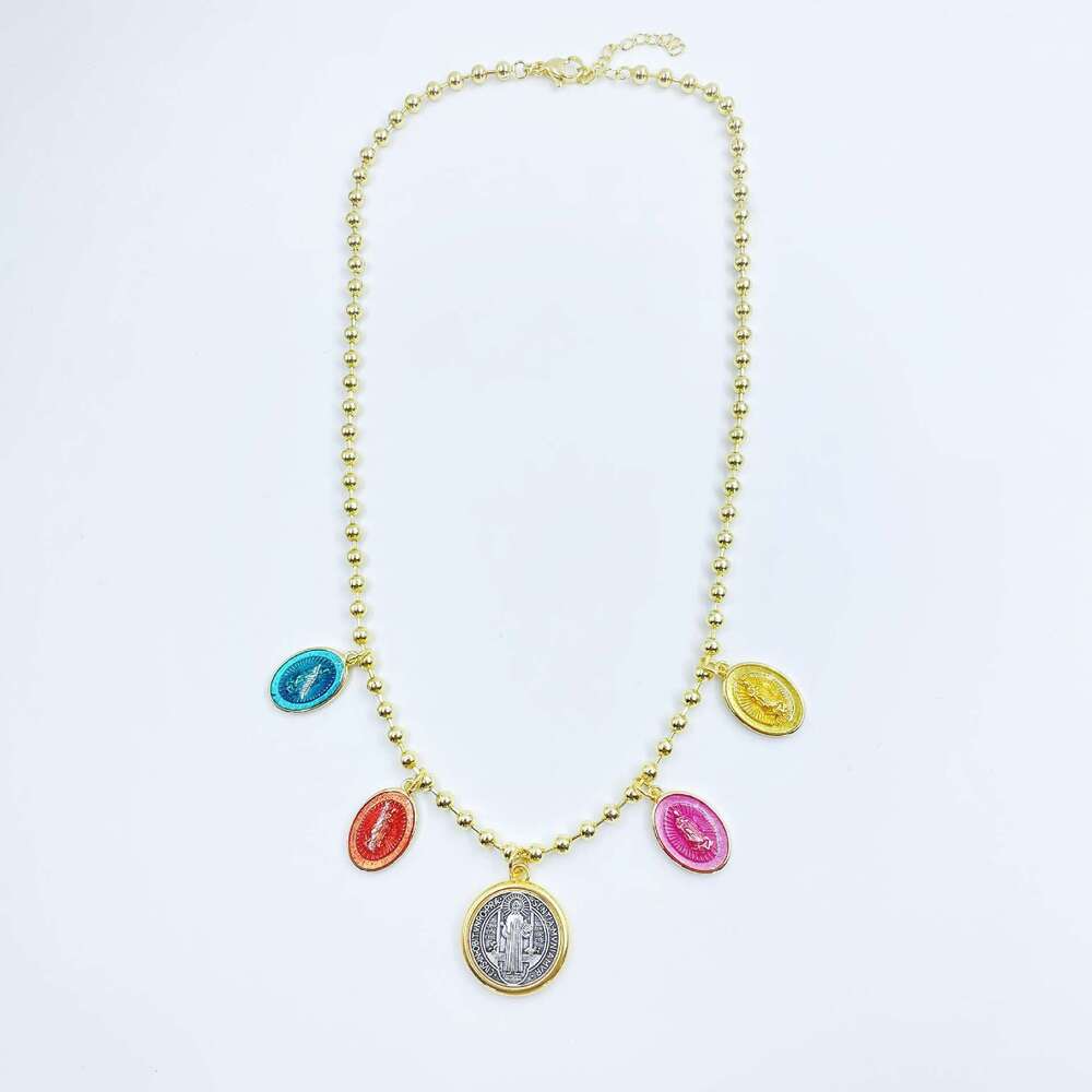 Round Madonna pendant, bead chain, copper gold-plated necklace, religious accessory for women