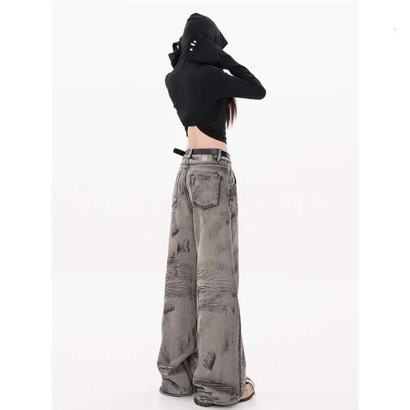 Grey Jeans Women Y2k Vintage High Waisted Straight Trouser American Streetwear Loose Girl Wide Leg Classic Denim Pants