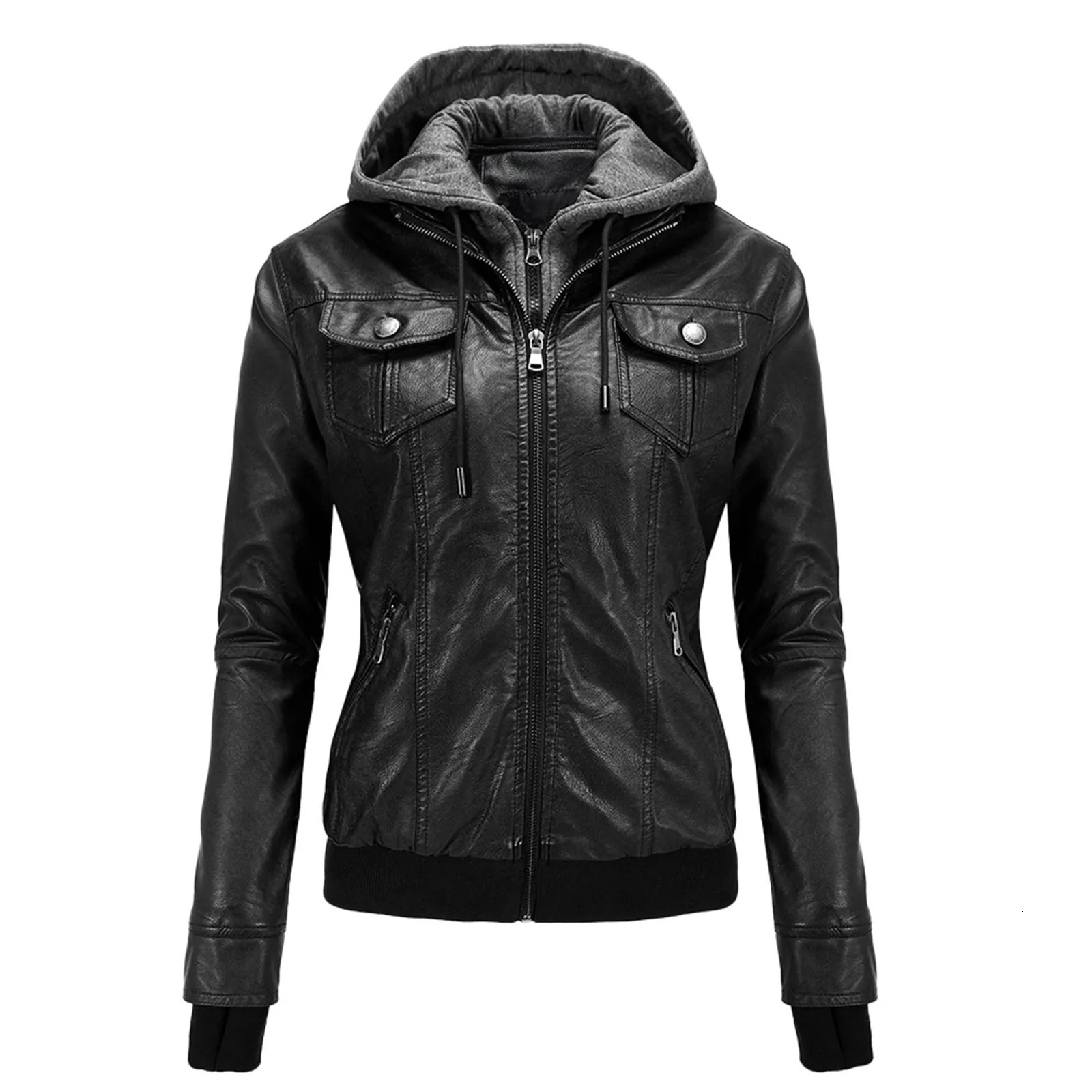 AutumnWinter Motorcycle Slim Leather Cropped Jacket Women Hoodie Detachable Lined Jackets Insulated Two Pieces Coat 250211