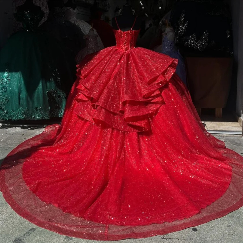 Glitter Red Vestidos De 15 Quinceanera Dress Ball Gown Sequin Prom Dress 2025 Spaghetti Straps Vestido Xv Anos Luxury Special Occasion Dancer Vestio D