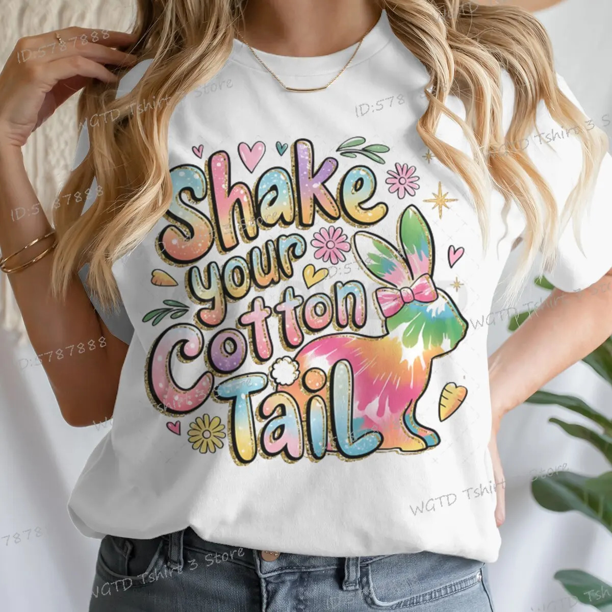 Shake Your Cotton Tail Graphic T Shirts Women Glitter Easter Bunny Short Sleeve T-shirt Happy Easter Gift Colorful Casual Tops 250217