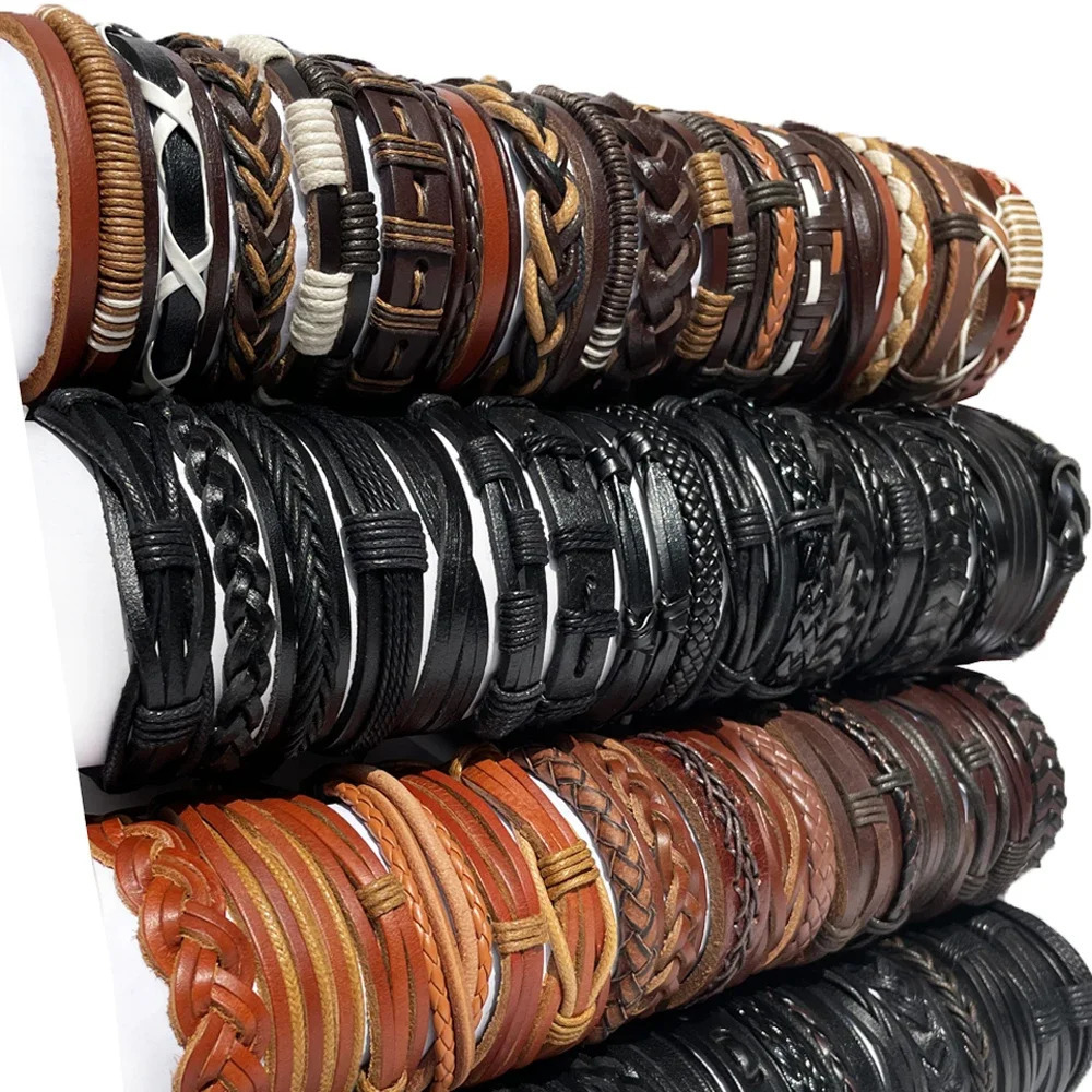 25Pcs/lot Wholesale Random Retro Multi-layer Leather Bracelet For Men Women Handmade Charm Bracelet Wrap Jewelry NM3 250210