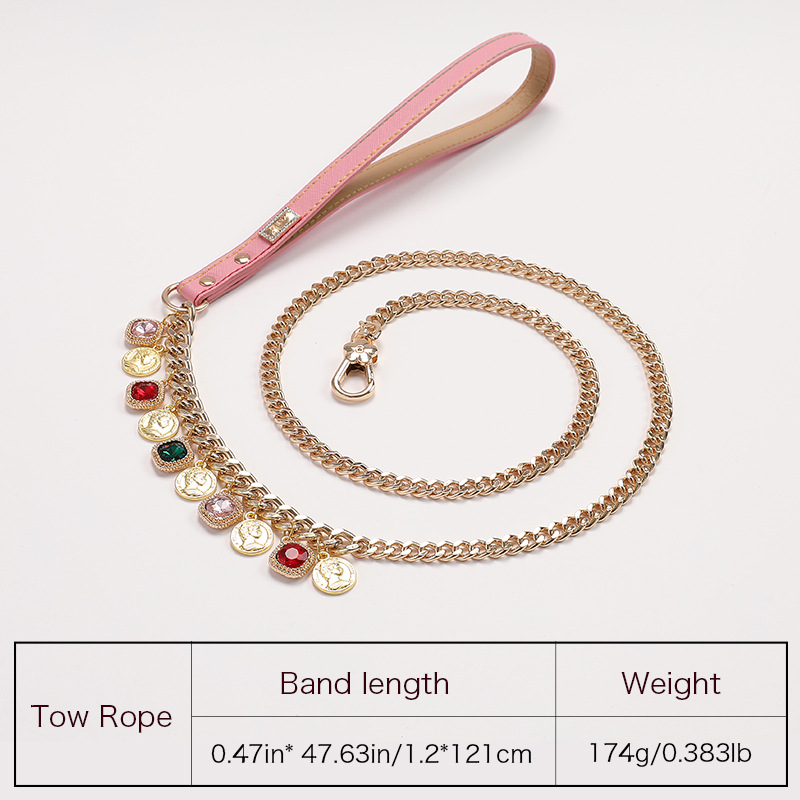 Luxury Pet Collar Leash Set - Premium Leather Gold Chain Design with 13 Multi-Color Crystal Pendants, Stylish Dog/Cat Walking Accessories (3+10 Dangli